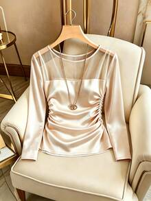 Selianne Contrast Mesh Ruched Satin Tee - Apricot - View 1