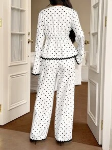 Cévolie Women's Polka Dot Bell Sleeve Top And Pants 2 Pieces Set - White - View 2