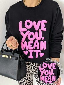 Lalippa 女款圓領泡泡印花衛衣，LOVE YOU MEAN IT 字母愛心圖案落肩寬鬆套頭衫，Y2K街頭風休閒長袖 - 黑色 - 查看 7