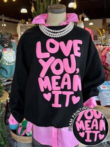 Lalippa 女款圓領泡泡印花衛衣，LOVE YOU MEAN IT 字母愛心圖案落肩寬鬆套頭衫，Y2K街頭風休閒長袖 - 黑色 - 查看 1