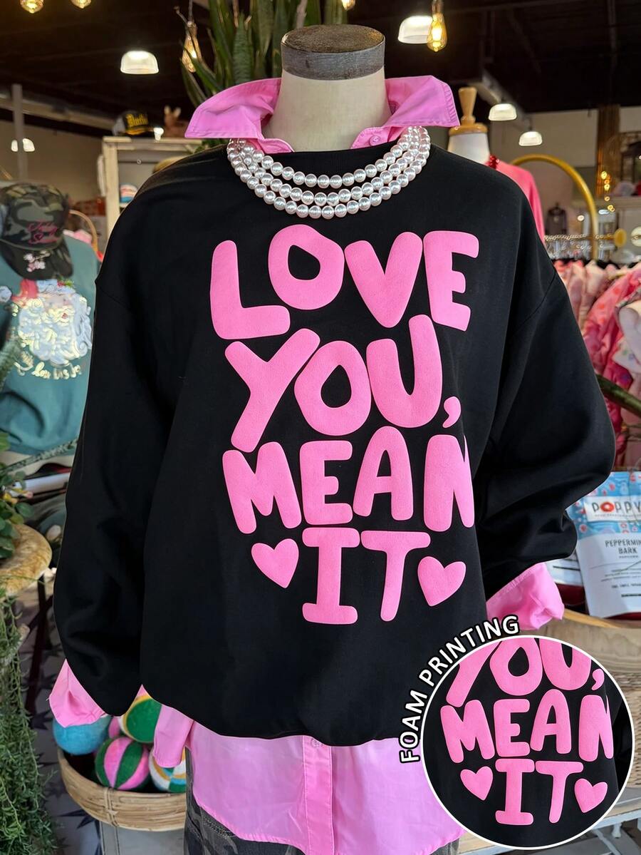 Lalippa 女款圓領泡泡印花衛衣,LOVE YOU MEAN IT 字母愛心圖案落肩寬鬆套頭衫,Y2K街頭風休閒長袖 - 黑色 - 查看 1