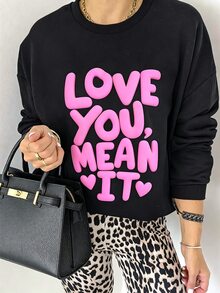 Lalippa 女款圓領泡泡印花衛衣，LOVE YOU MEAN IT 字母愛心圖案落肩寬鬆套頭衫，Y2K街頭風休閒長袖 - 黑色 - 查看 6