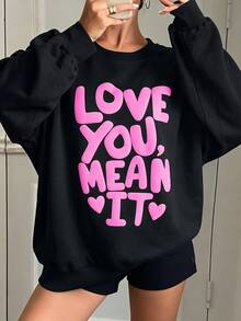 Lalippa 女款圓領泡泡印花衛衣，LOVE YOU MEAN IT 字母愛心圖案落肩寬鬆套頭衫，Y2K街頭風休閒長袖 - 黑色 - 查看 3