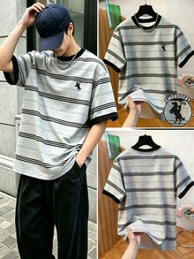 Manfinity Dauomo Men's Round Neck T-Shirt With Striped Print, Black Horse Embroidery, Comfortable Casual Tee - Multicolor - View 4
