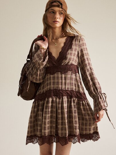 SHEIN Women's V-Neck Plaid Lace Patchwork Bell Sleeve Tie Bow A-Line Vintage Dress