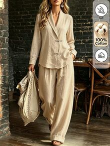 SHEIN Setelan 2 Potong Musim Gugur/Musim Dingin Terbaru: Jaket Kerah Katak Bertekstur Warna Aprikot Muda dan Celana Panjang Lebar, Gaya Kasual, Rustic, Elegan untuk Kerja/Kantor/Kencan. - Khaki - View 5