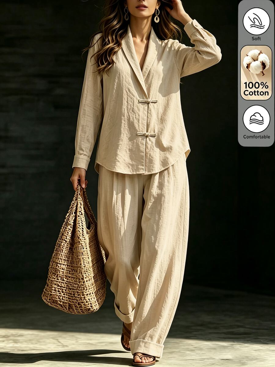 SHEIN Setelan 2 Potong Musim Gugur/Musim Dingin Terbaru: Jaket Kerah Katak Bertekstur Warna Aprikot Muda dan Celana Panjang Lebar, Gaya Kasual, Rustic, Elegan untuk Kerja/Kantor/Kencan.