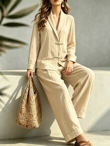 SHEIN Setelan 2 Potong Musim Gugur/Musim Dingin Terbaru: Jaket Kerah Katak Bertekstur Warna Aprikot Muda dan Celana Panjang Lebar, Gaya Kasual, Rustic, Elegan untuk Kerja/Kantor/Kencan. - Khaki - View 6