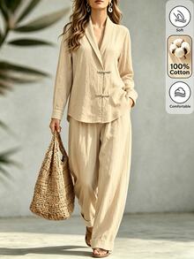 SHEIN Setelan 2 Potong Musim Gugur/Musim Dingin Terbaru: Jaket Kerah Katak Bertekstur Warna Aprikot Muda dan Celana Panjang Lebar, Gaya Kasual, Rustic, Elegan untuk Kerja/Kantor/Kencan. - Khaki - View 4