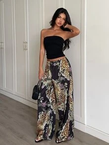 Aloruh 女款低腰休閒復古緞面百搭棕色美拉德色長褲 秋季女款寬腿褲 - 彩色 - 查看 4