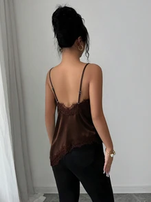 Ritzy Row 女士优雅法式纯色撞色蕾丝吊带背心，夏季 - 咖啡棕 - 查看 2