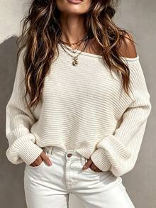 SHEIN Women's Asymmetrical Neckline Sweater Pullover,Long Sleeve Tops Knit Pullover Fall Winter Sweater - Beige - View 3