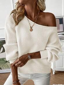 SHEIN Women's Asymmetrical Neckline Sweater Pullover,Long Sleeve Tops Knit Pullover Fall Winter Sweater - Beige - View 6