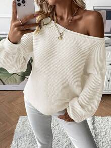 SHEIN Women's Asymmetrical Neckline Sweater Pullover,Long Sleeve Tops Knit Pullover Fall Winter Sweater - Beige - View 4
