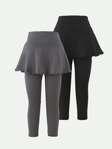 2件組女款純色裙褲，彈性高腰運動健身內層緊身褲，瑜珈健身褲 白色紫色 夏季 - 彩色 - 查看 4