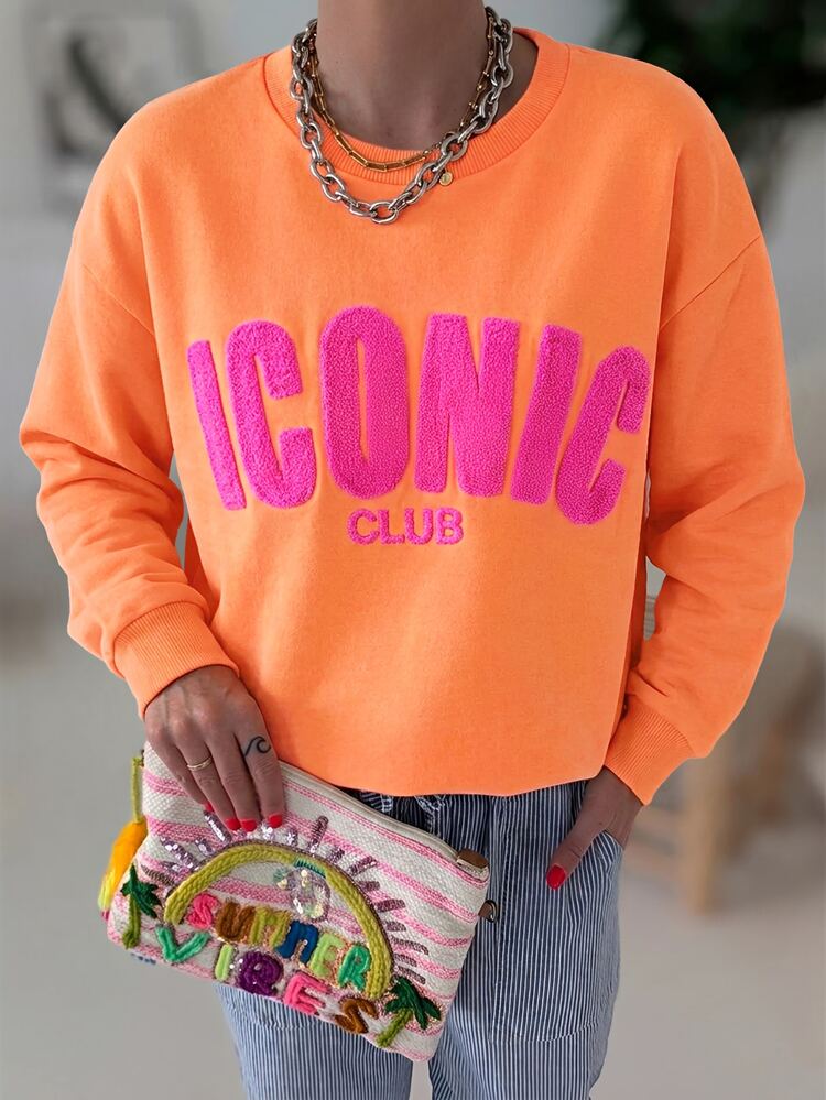 DrmWander Women Crew Neck Sweatshirt, Towel Embroidery ICONIC CLUB Letter Graphic Drop Shoulder Loose Pullover, Color Block Preppy Y2K Streetwear Casual Daily - Orange - View 7