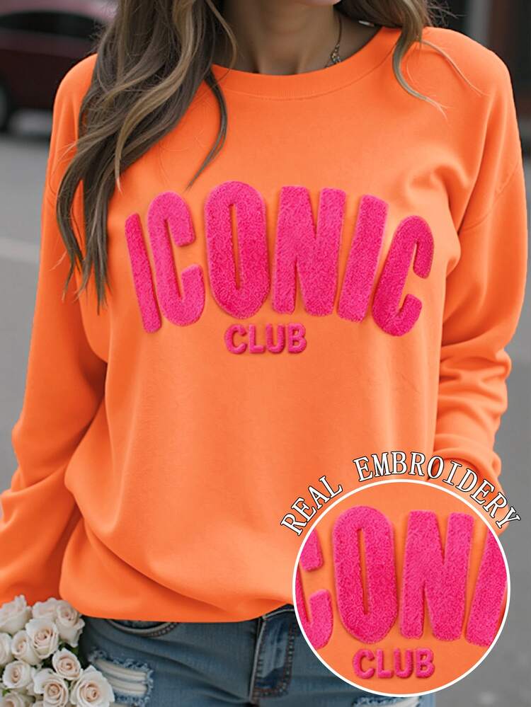 DrmWander Women Crew Neck Sweatshirt, Towel Embroidery ICONIC CLUB Letter Graphic Drop Shoulder Loose Pullover, Color Block Preppy Y2K Streetwear Casual Daily - Orange - View 4
