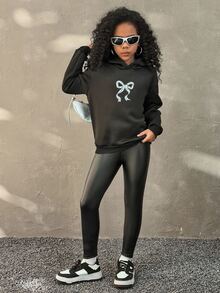 Coolane Kids Tween Girl Autumn/ Winter Thermal Lined Faux Leather Leggings, Halloween , Country Concert Fall - Black - View 2