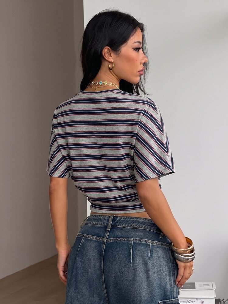 Coolane Women's Summer Vintage Y2K Daily Wear Casual Back To School Streetwear Stretchy Grey Striped Loose Ruched Crop Tees - Grey - View 6