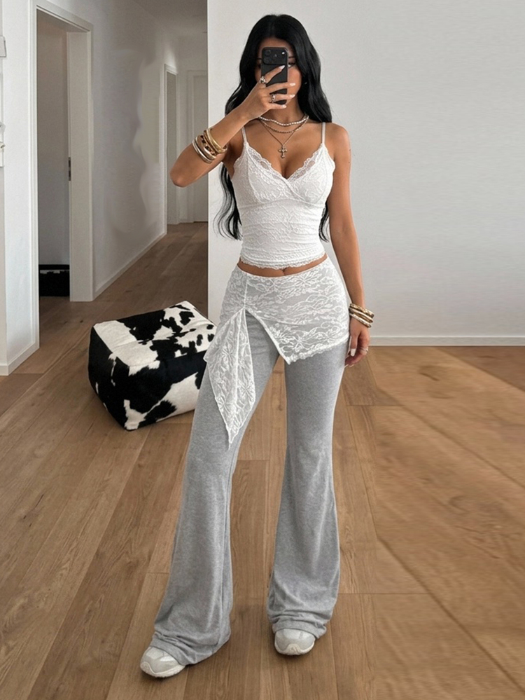 Coolane Women's All-Season Streetwear Sexy Y2k Vintage Date Night Basic Stretchy Sport Yoga Gym Black Straps Tights Petite Bell Bottoms Casual Pants Sweatpant - Grey - View 5