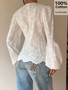 Siren Gaze 女款 100% 純棉白色花卉刺繡 V 領長袖泡泡袖襯衫，白色襯衫，法式風，休閒約會，返校襯衫，秋季 - 米色 - 查看 3