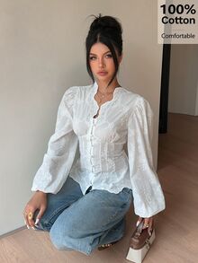Siren Gaze 女款 100% 純棉白色花卉刺繡 V 領長袖泡泡袖襯衫，白色襯衫，法式風，休閒約會，返校襯衫，秋季 - 米色 - 查看 6