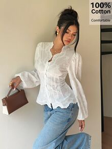 Siren Gaze 女款 100% 純棉白色花卉刺繡 V 領長袖泡泡袖襯衫，白色襯衫，法式風，休閒約會，返校襯衫，秋季 - 米色 - 查看 4