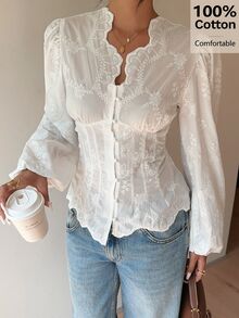 Siren Gaze 女款 100% 純棉白色花卉刺繡 V 領長袖泡泡袖襯衫，白色襯衫，法式風，休閒約會，返校襯衫，秋季 - 米色 - 查看 10