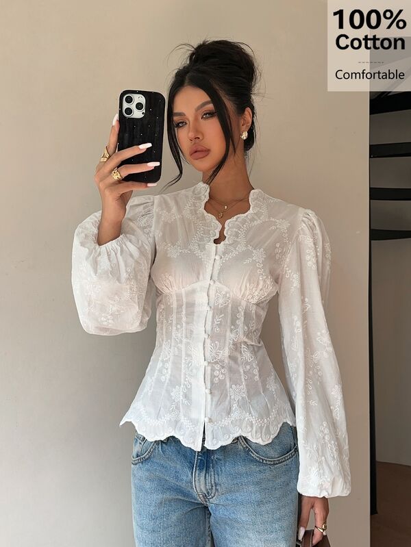 Siren Gaze Women's 100% Cotton White Floral Embroidered V-Neck Long Puff Sleeves Blouse, White Shirt, Frenchy, Casual Date,Back To School Shirt, Autumn