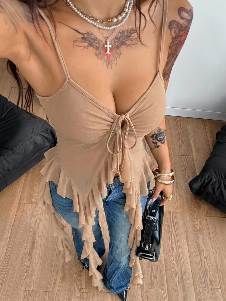 Coolane Women's Summer Festival Music Festival Vacation Sexy Streetwear Casual Y2K Mesh Stretchy Khaki Ruffle Ribbon Fringe Sleeveless Tank Tops - Khaki - View 4