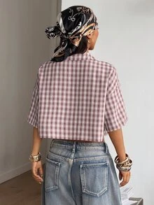 Coolane Women's Spring/Summer Vintage Y2k 90s Inspired Street Preppy Crop Plaid Loose Tops Pink Checkered Shirt For New Years Going Out Night Out - Pink - View 3