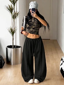 Coolane 女款樹枝圖案寬腿休閒長褲 - 黑色 - 查看 3