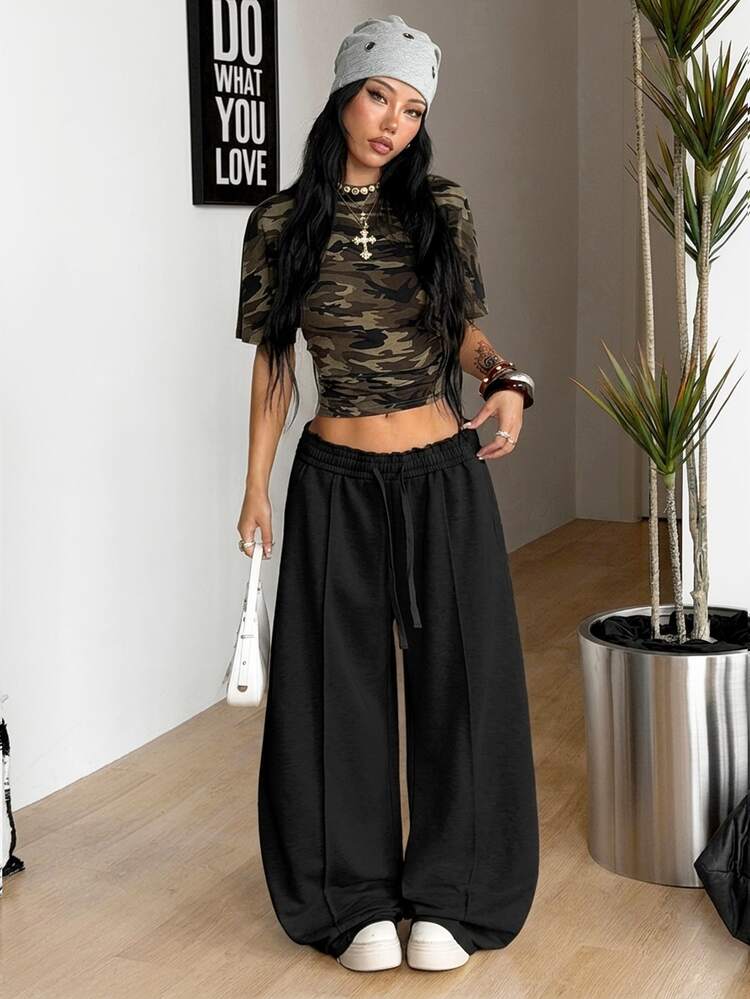 Coolane Women's Tree Branch Pattern Wide Leg Casual Pants - Black - View 7