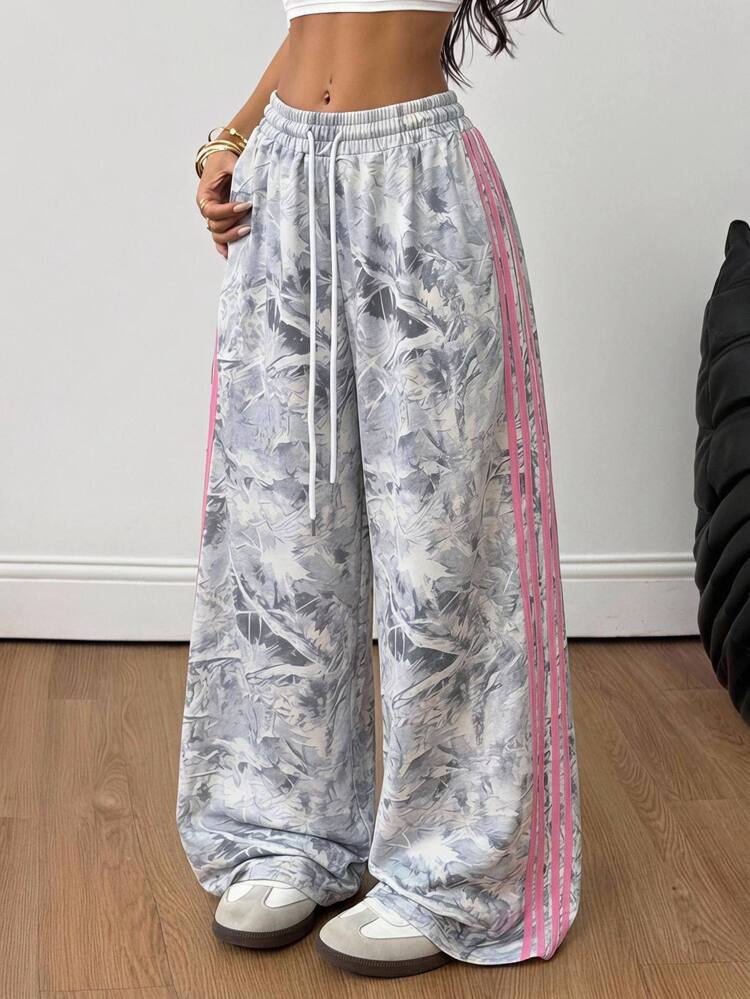 Coolane Women's Men's Plus Size Fall Winter Streetwear Casual Gym Woven Tape Baggy Mid Rise Wide Leg Elastic Waistband Leaf Print Contrast Stripe Sweatpants - Multicolor - View 6
