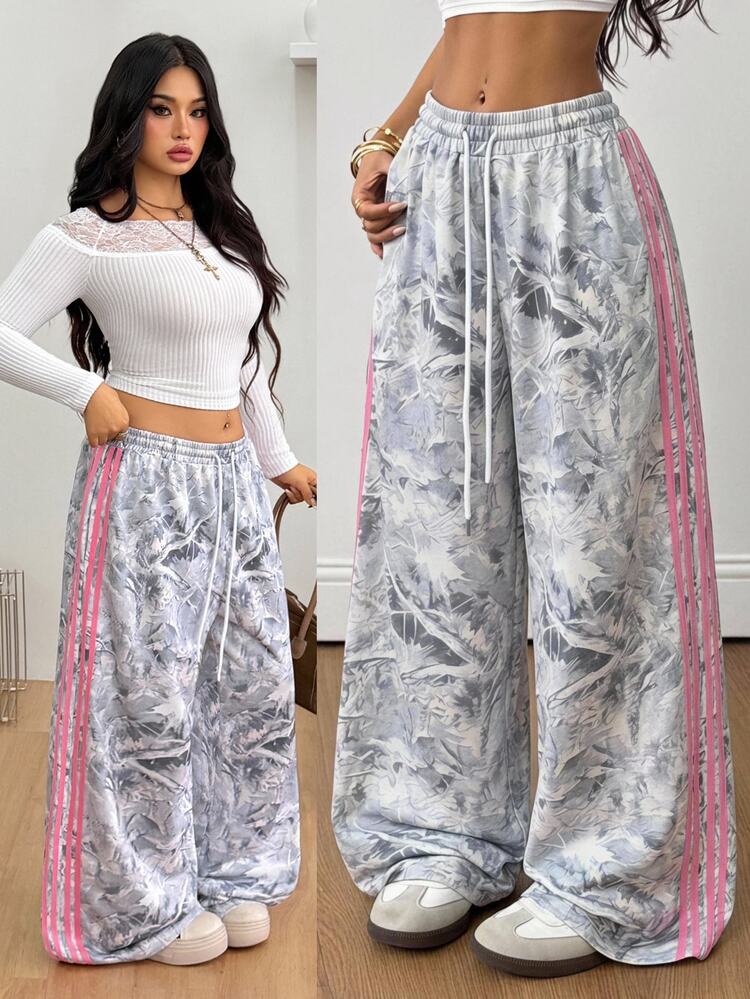 Coolane Women's Men's Plus Size Fall Winter Streetwear Casual Gym Woven Tape Baggy Mid Rise Wide Leg Elastic Waistband Leaf Print Contrast Stripe Sweatpants - Multicolor - View 5