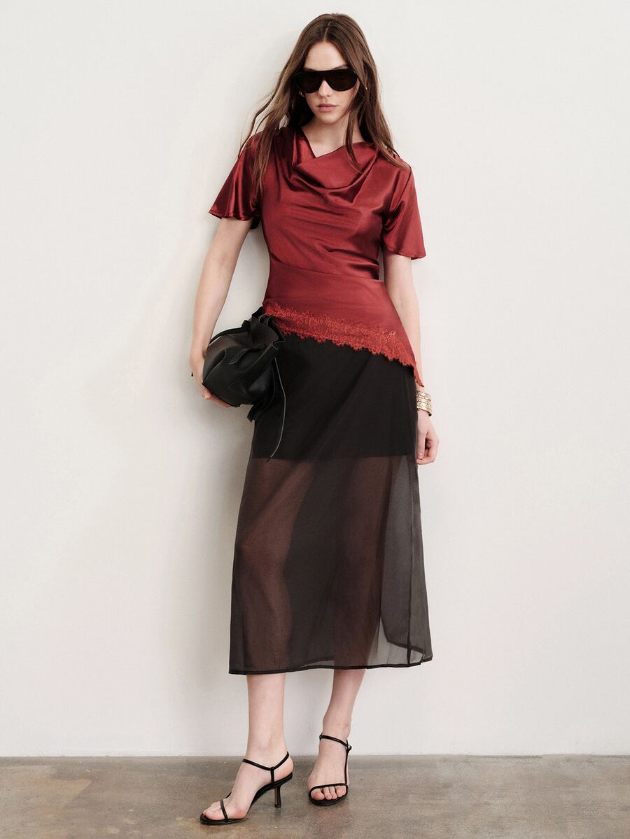 Aveloria Modichic Blusa de mujer ajustada asimétrica de satén y encaje con cuello drapeado patchwork elegante sexy vintage para fiesta cena noche de fiesta color burdeos top vacaciones verano - Color caoba - Ver 1