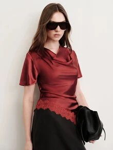 Aveloria Modichic Blusa de mujer ajustada asimétrica de satén y encaje con cuello drapeado patchwork elegante sexy vintage para fiesta cena noche de fiesta color burdeos top vacaciones verano - Color caoba - Ver 6