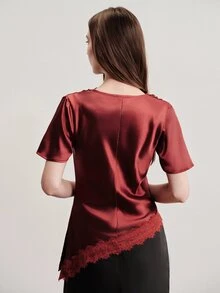 Aveloria Modichic Blusa de mujer ajustada asimétrica de satén y encaje con cuello drapeado patchwork elegante sexy vintage para fiesta cena noche de fiesta color burdeos top vacaciones verano - Color caoba - Ver 4