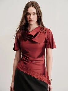 Aveloria Modichic Blusa de mujer ajustada asimétrica de satén y encaje con cuello drapeado patchwork elegante sexy vintage para fiesta cena noche de fiesta color burdeos top vacaciones verano - Color caoba - Ver 5