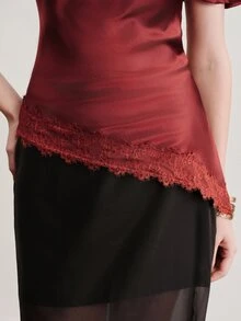 Aveloria Modichic Blusa de mujer ajustada asimétrica de satén y encaje con cuello drapeado patchwork elegante sexy vintage para fiesta cena noche de fiesta color burdeos top vacaciones verano - Color caoba - Ver 2