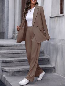 SHEIN 女士纯色翻领长袖时尚百搭套装，女士裤装西装外套套装，棕色裤装套装，女士两件套，女士商务休闲装 - 咖啡棕 - 查看 4