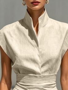 SHEIN 女款春夏休閒簡約優雅度假風立領收腰日常百搭長洋裝套裝 米色 - 卡其色 - 查看 4