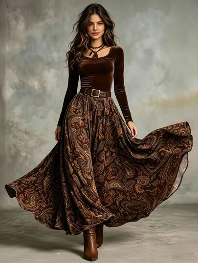 Glimmora Women's Vintage Boho All-Over Floral Print Pocket Elastic Waist Long Skirt, Summer/ Thanksgiving Brunch Everyday Dark Brown