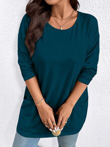 EMERY ROSE Plus Size Women's Solid Color Minimalist Round Neck Long Sleeve T-Shirt Fall - Teal Blue - View 8
