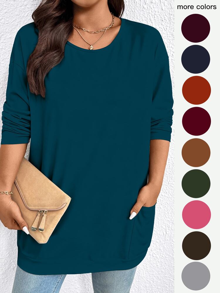 EMERY ROSE Plus Size Women's Solid Color Minimalist Round Neck Long Sleeve T-Shirt Fall - Teal Blue - View 1