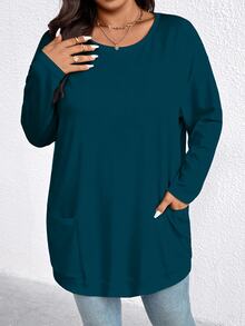 EMERY ROSE Plus Size Women's Solid Color Minimalist Round Neck Long Sleeve T-Shirt Fall - Teal Blue - View 4