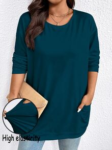 EMERY ROSE Plus Size Women's Solid Color Minimalist Round Neck Long Sleeve T-Shirt Fall - Teal Blue - View 5