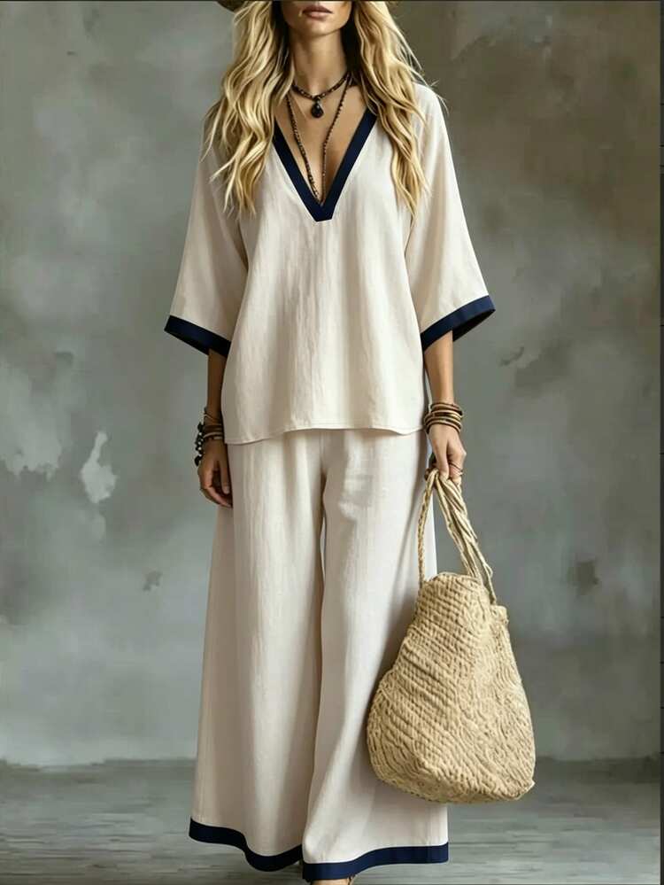 Glimmora French Style Colorblock V-Neck Top And Pants Set - Beige - View 1