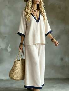 Glimmora French Style Colorblock V-Neck Top And Pants Set - Beige - View 3
