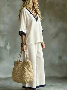 Glimmora French Style Colorblock V-Neck Top And Pants Set - Beige - View 4